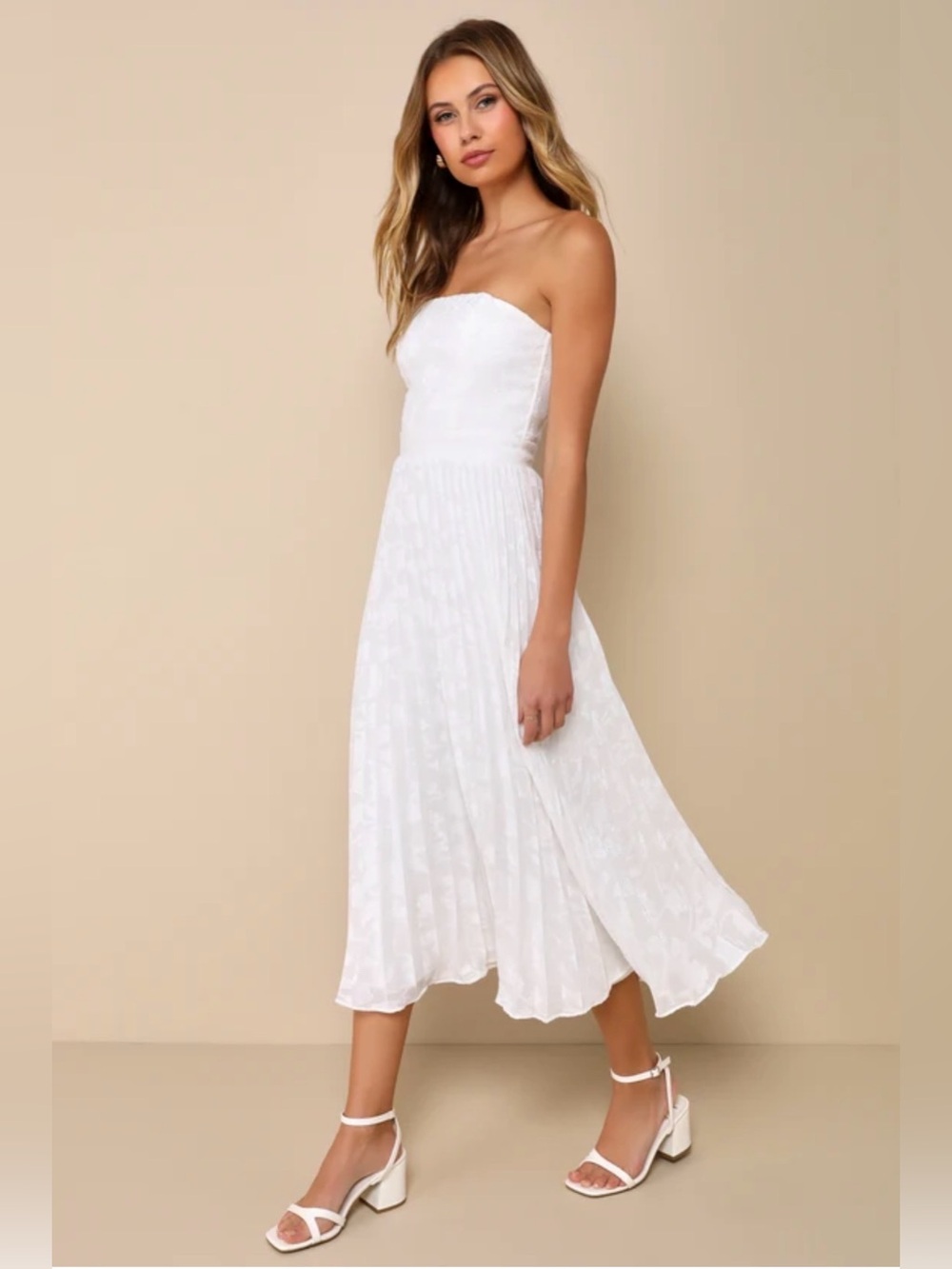 NWT Lulus PERFECTLY STUNNING Ivory Jacquard Strapless Pleated Midi Dress